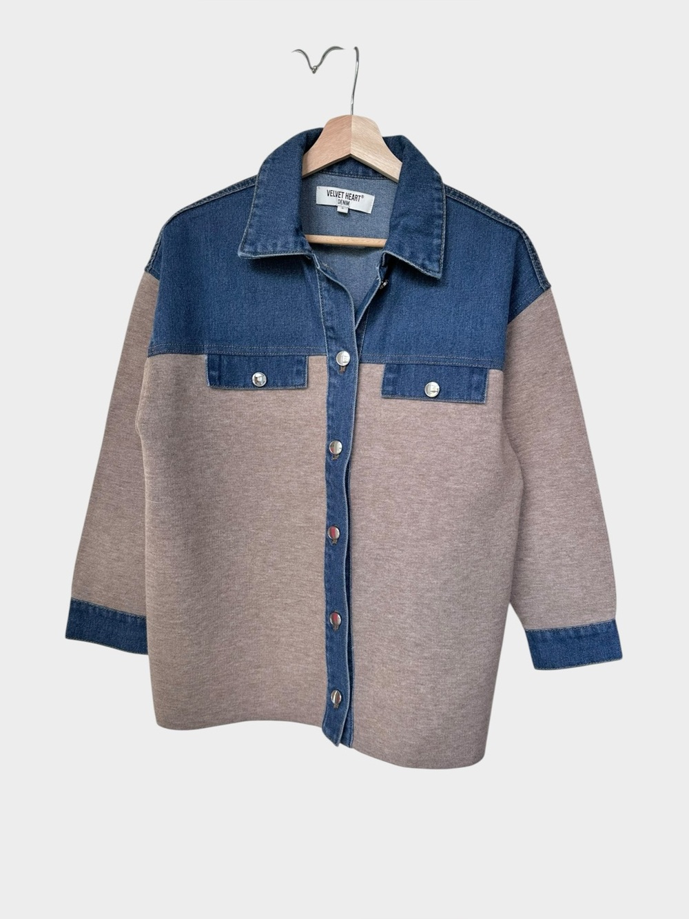 Velvet Heart Mixed Media Rib Knit and Denim Shacket size S
